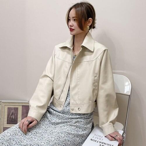 Women Jacket 2021 New Spring Pu Motorcycle Faux Soft Leather Coat Turn-down Collar Long Sleeve Epaule Female Loose Short Jacket
