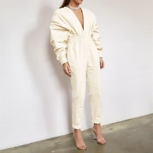 2021 Autumn winter Women High Quality Jumpsuits Long Sleeve Fashion VNeck Overalls Female Elastic Waist Cargo Rompers streetwear