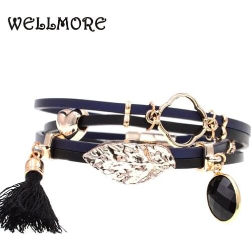 WELLMORE leather bracelets leaf crystal charm bracelets Bohemian bracelets for women party jewelry wholesale