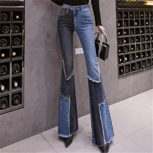 2021 Winter Plus Size Denim Vintage Burrs Patchwork Bell-Bottom Pants Women High Waist Fashion Worn Out Hole Long Jeans G856
