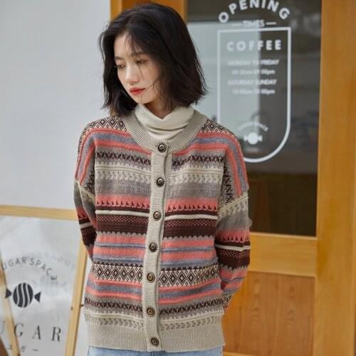 Vintage Fad Autumn Womans Knitted Sweater V-Neck Long Sleeve Female Cardigans Stripe Ladies Sweaters with Buttons for Outwear