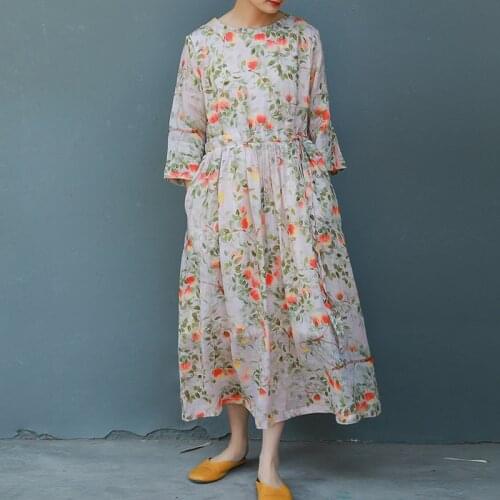 Johnature Women Bandage Print Floral Dress Vintage High Quality Robes Ramie O-Neck Half Sleeve 2021 Summer New Loose Dress