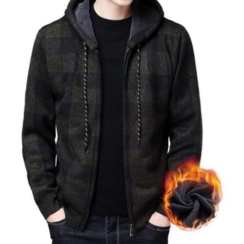 Winter 2021 New Mens Fleece Thickened Cardigan Knit Sweater / Male Loose Warm Hooded Add Wool Jacket Coat