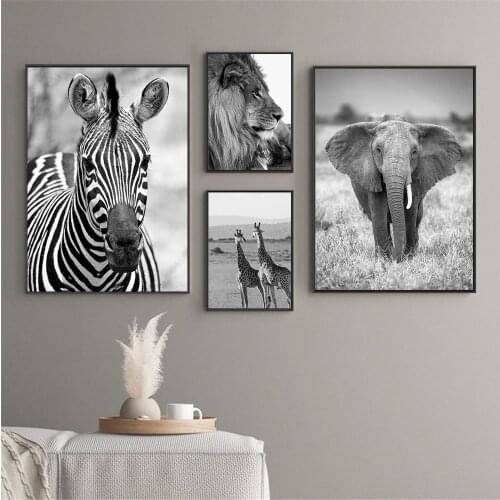 Black And White Animal Wall Art Print African Zebra Giraffe Lion Elephant Canvas Painting Nordic Poster Wall Pictures Home Decor