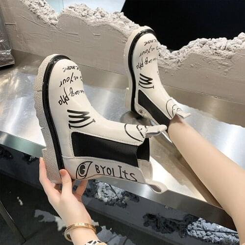 Spring Autumn Genuine Leather Boots 2021 New British Style Graffiti Thick Bottom Mid-tube Casual Chelsea Boots