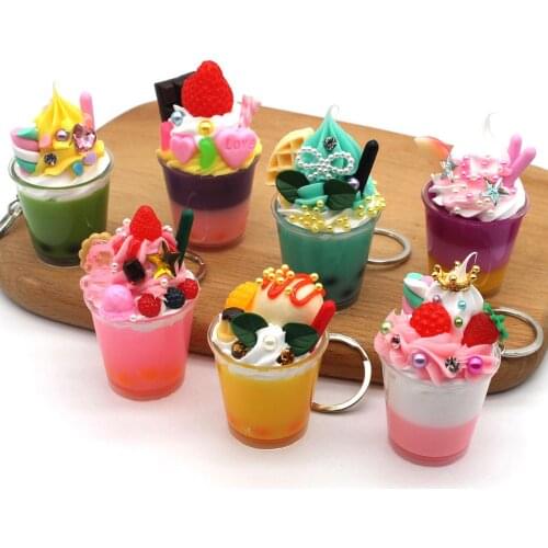 Simulation Pearl Milk-Tea Ice Cream Cup Keychain Bag Pendant Hanging Decor Handbag Car Key Holder Bag Pendant Toys for Kids Gift