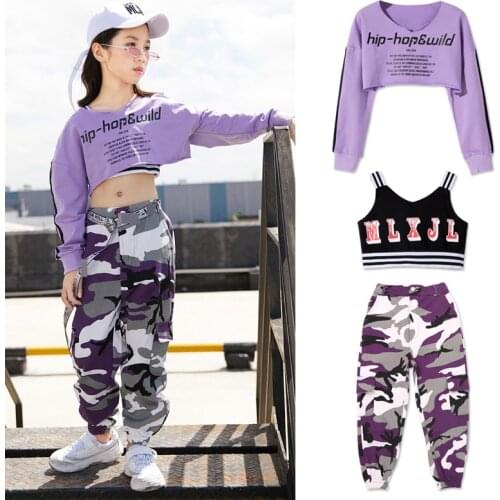Jazz Dance Costume Kids Hip Hop Clothing Purple Long Sleeve Tops Camouflage Pants Black Vest Girls Performance Clothes