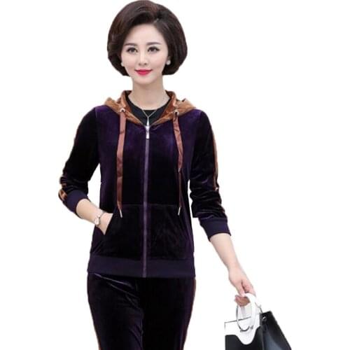 Middle-aged and Elderly Womens Suits Autumn Winter Sports Golden Velvet Hooded Zipper Jacket & Trousers 2 Pcs Sets Sportsuit