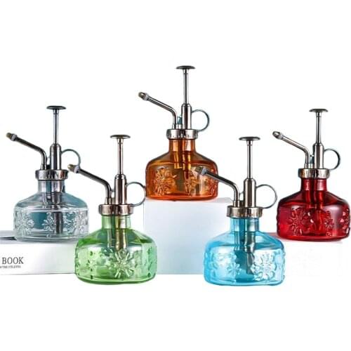 Watering Bottle with Glass Carving Watering Pot Mister 180ml Water Cans Air Pressure Nozzle Plastic Metal Retro Anti-slip Bottom