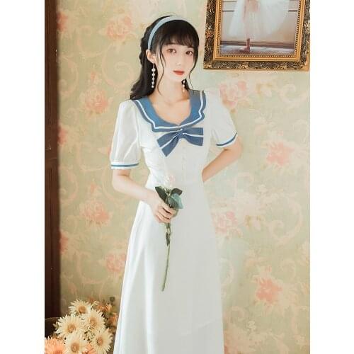Maiden Navy Style White Dress 2021 Summer Sweet College Style Junior High School Students Short Sleeve A-Line Dress