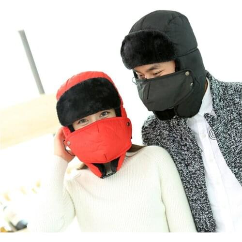 Fashion Thickening Russian Hat For Women Men Earflap Hat Cap Winter Trapper Hat With Mask Faux Fur Bomber Hat