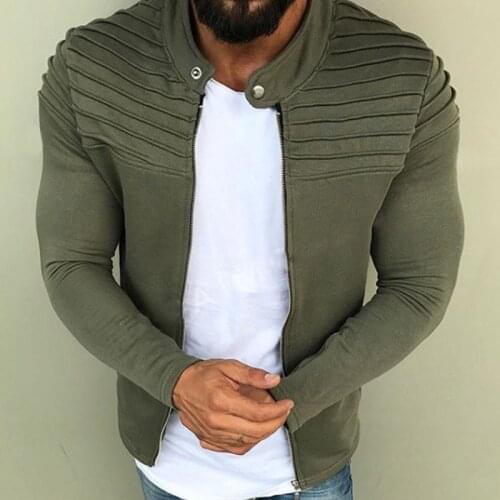 Men Casual Fit Slim Jacket Pure Color Pleated Bodybuilding Bomber Jacket Baseball Uniform Outwear Coat Male Clothing Overcoat