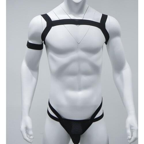 Mens Lingrie Brace Night Performance Arm Band Male Body Chest Harness Belt Bondage Elastic Shoulder Strap Thong Jockstrap Set