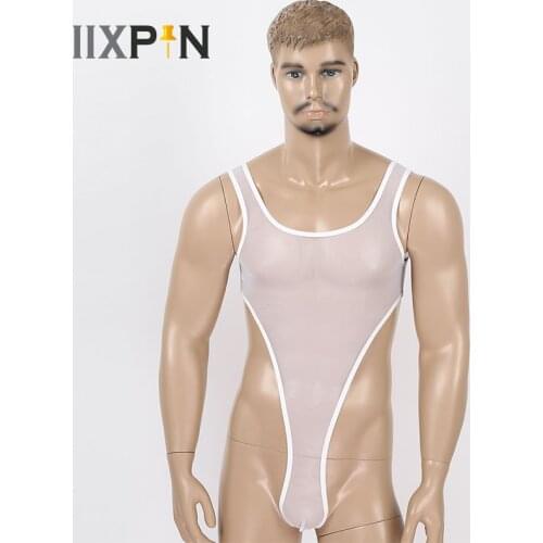Mens Erotic See Through Sheer Mesh Sexy Bodysuit Lingerie Deep U Neck High Cut Leotard Jumpsuit Tank Wrestling Singlet Bodysuit
