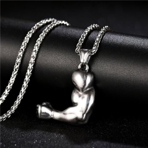 316L Stainless Steel Strong Muscle Arm Pendant Necklaces Men Sports Fitness Hip Hop Bodybuilding Jewelry