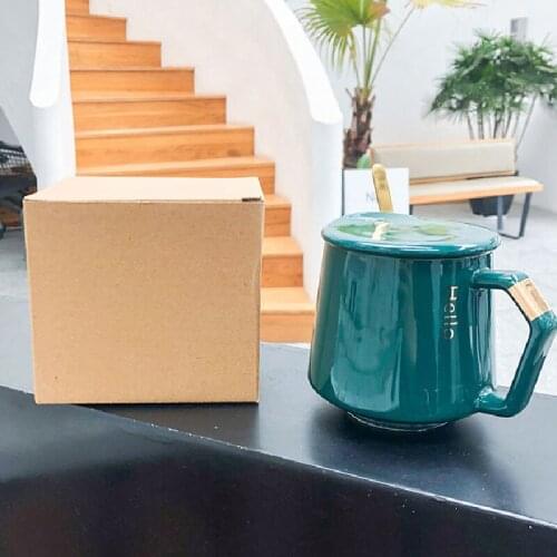 OAPE 400ml Ins Nordic Style Simple Gold Mug With Lid Spoon Office Light Luxury Ceramic Cup Business Gift Cute Coffee Drink