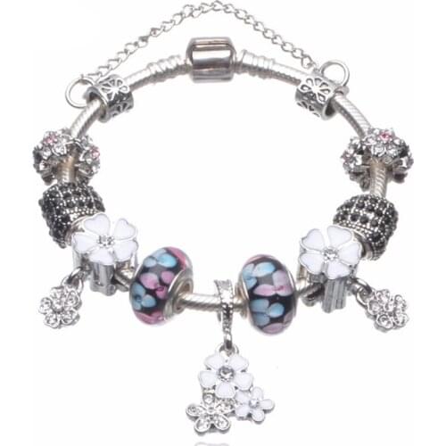 BAOPON Christmas Gift Crystal Flower Pendant Charm Bracelets Fits Original Beads Bracelets Bangles For Women Pulsera Jewelry