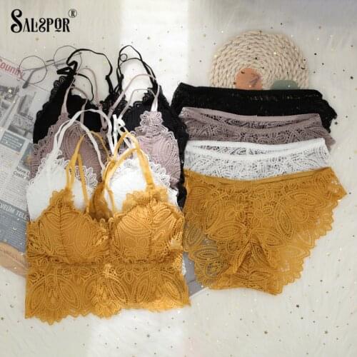 SALSPOR Women Lace Underwear Set Sexy Lingerie Tube Top Wireless Seamless Print Bralette Female Bra Briefs Suit