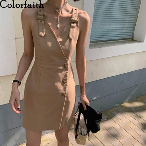 Colorfaith New 2021 Women Summer Sundress Strap Cargo Style V-Neck High Waist Sexy Vintage Korean Wild Lady Mini Dresses DR4139