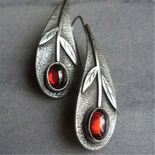 Antique Bronze Alloy Leaf Dangle Earrings For Women Ethnic Retro Red Rhinestone Drop Earring Fashion Jewelry A708