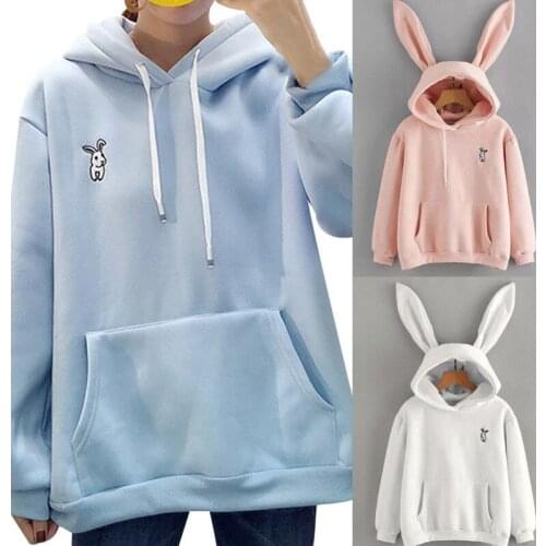 Spring Autumn Hoodies Women Girls Cartoon Rabbit Ear Long Sleeve Hooded Sweatshirts Pullover Coat Female Lovely Bunny Hoodies