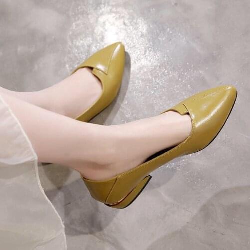 Womens Spring Summer Pumps Shoes 2021 Casual Square Heel Leather Shoes for Women Pointed Toe Women Low Heels