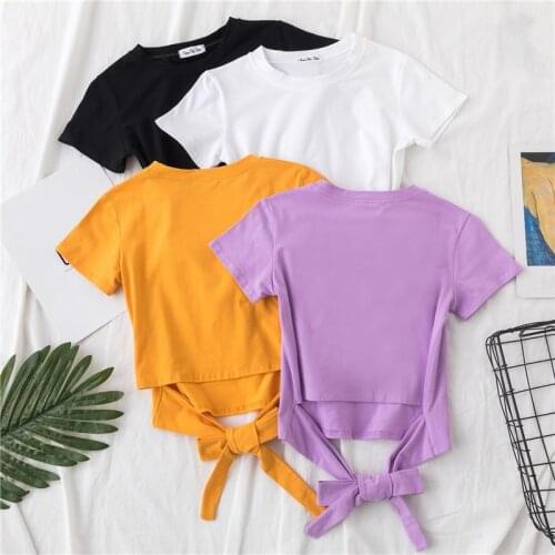 Summer Solid Color T Shirt Women Cropped Tops Round Neck Short Sleeve Bow Sash Ladies Korean Clothing Sexy Women Mini T Shirt