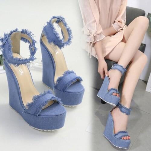 2021 New Designer Denim Sandals Summer Roman Sandals High Quality Wedges High Heels Peep-Toe Platform Shoes Woman
