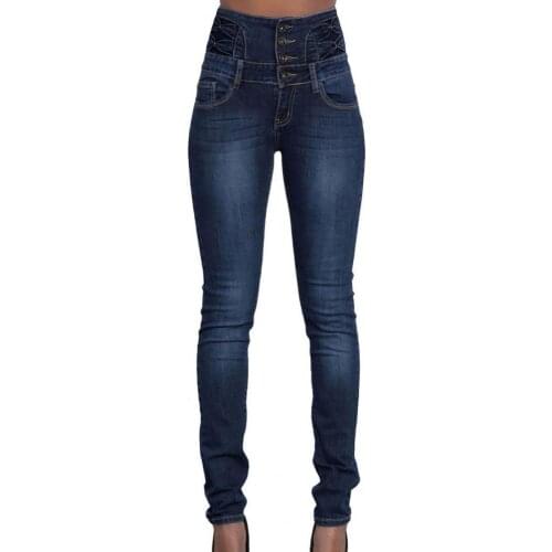 High Waist Women Jeans Multi Pockets Sexy Multi Breasted Stretchy Denim Pants Trousers