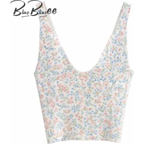 BlingBlingee 2021 Summer Autumn Floral Jacquard Knitted Camisole Wide Straps Deep V Slim Women Crop Tops Female Casual Camis