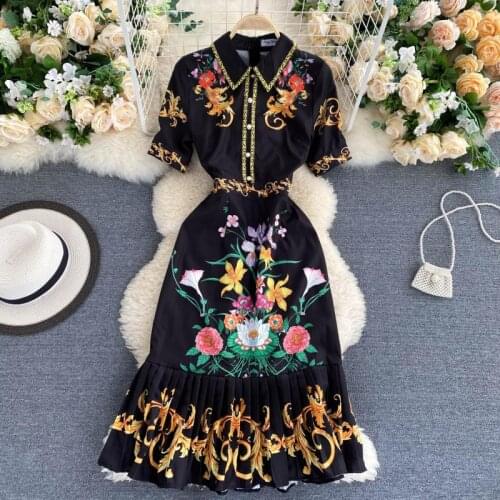 Платье летнее женское2021 Female Golden Print Dress Retro Luxury Women Fashion Dress Vintage Short Sleeve Elegant Vestidos robe