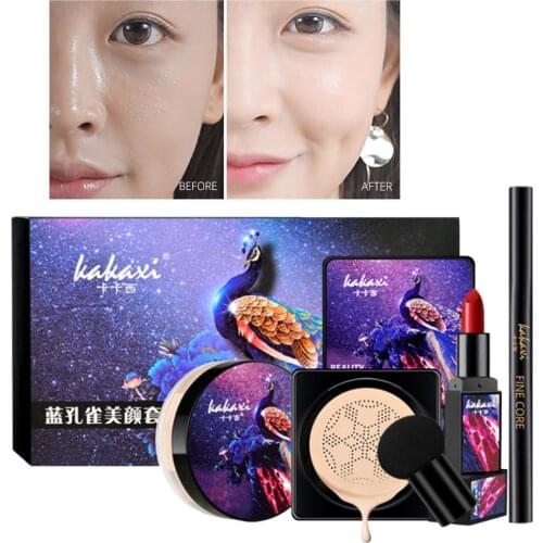 Mushroom Cushion Liquid Foundation Loose Powder Eyeliner Lipstick Mushroom Puff Makeup Set