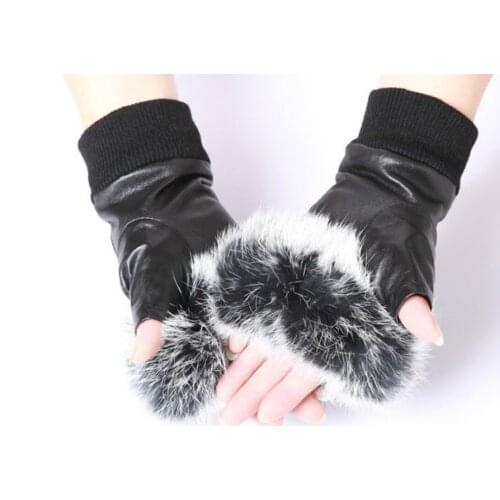 Winter Fashion Brand Famous Celebrities Women Genuine Leather Gloves Real Sheepskin Rabbit Fur Fingerless Gloves Female C1