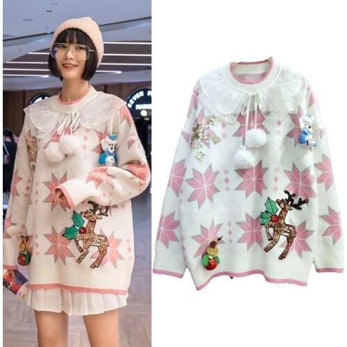 Winter Thicken Womens Sweaters And Pullover Cartoon Doll Warm Female Jumper Lace Double-Layers Collar Christmas Female Knitwear