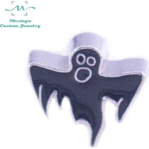 10 pcs Mesinya Silver Color Black Enamel Ghost for Halloween Custom Floating Charms For Glass Locket
