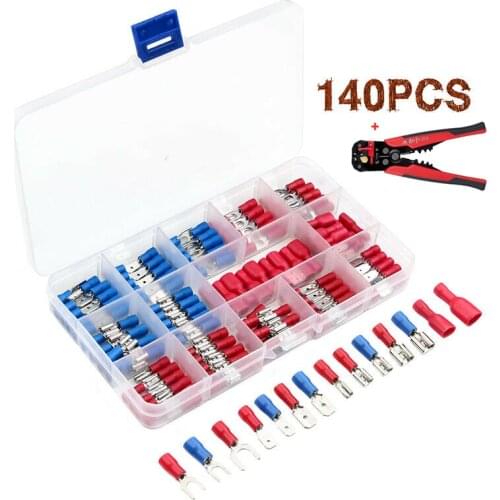 140PCS Assorted Spade Terminals Insulated Cable Connector Electrical Wire Assorted Crimp Butt Ring Fork Set Ring Lugs + Plier