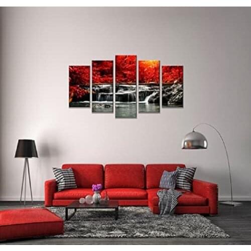 No Framed Red Waterfall 5 Pcs Canvas Picture Print Wall Art Canvas Painting Wall Decor for Living Room