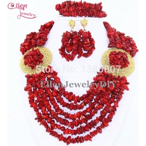 6 Rows Red Coral beaded Jewelry Set Nigerian Wedding beads Coral Necklace Gift Necklace Bridal african beads Jewelry Sets