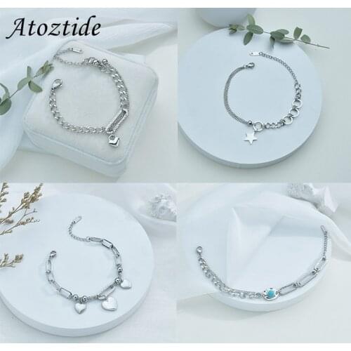 Atoztide Corroded Piece Three Peach Heart Malachite Stitching Bracelet Set Stainless Steel Adjustable Bangles Women Jewelry Gift