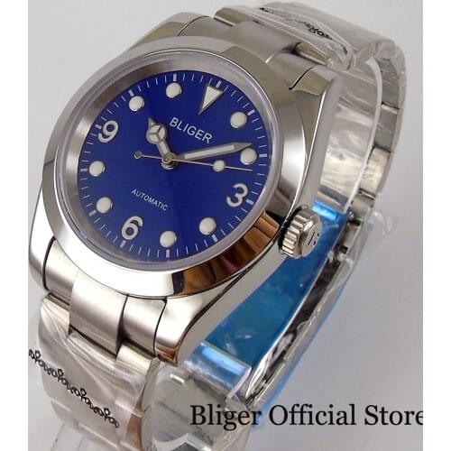 BLIGER Automatic Men Watch24 Jewels NH35A Green Luminous Dial Brushed Oyster Strap Flat Sapphire Glass Seeing Back Glide Lock