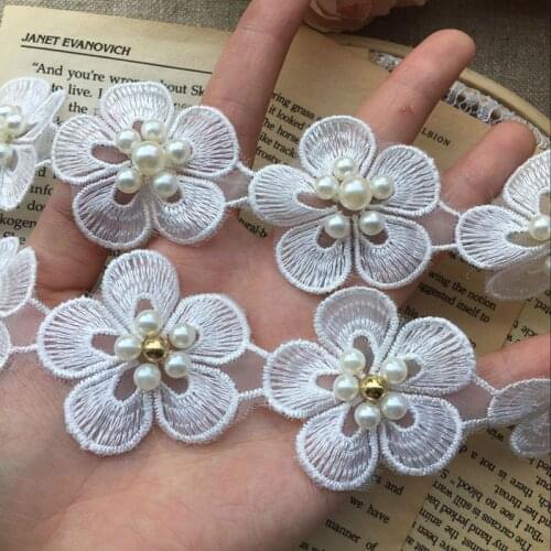 French 3D Flower Pearl Lace Applique Trim For Wedding Dress Clothes Mesh Embroidery fabric Patches Sew On Garment Accessories