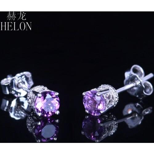 HELON Amethyst Women Stud Earrings Solid 14K White Gold 4mm Round Natural Amethyst Engagement Trendy Fine Jewelry Earrings