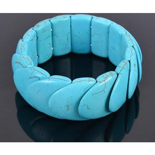 Stone Blue Stretch Howlite Bracelet Wrist Wrapped Wide Bracelets Fingernail Shape Stones Bangles for Men Healing Jewelry B051