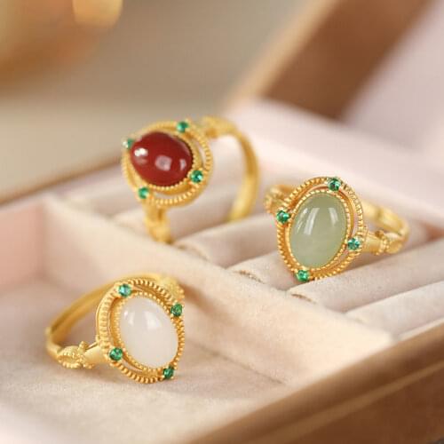 S925 Sterling Silver White Jade Ring Inlaid Hetian Jade Gray Jade Ring Temperament Personality Female Stylish Opening Index Fing