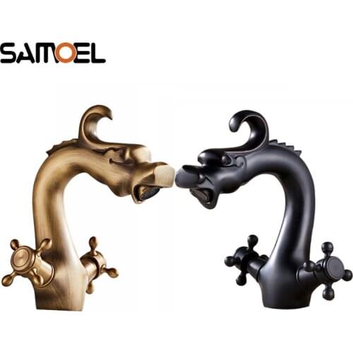 Chinese Dragon Shape Brass Vintage Bathroom Sink Water Mixer Tap Copper Antique Finished Basin Dual Handle Faucet Crane AF1040