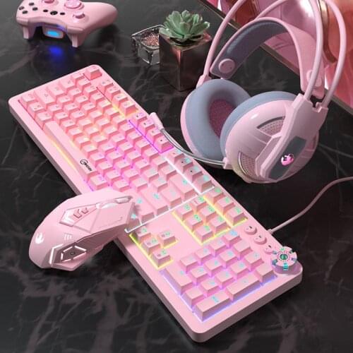 Cute pink Real mechanical green axis with dynamic backlight game home office USB wired keyboard mouse headset three-piece set