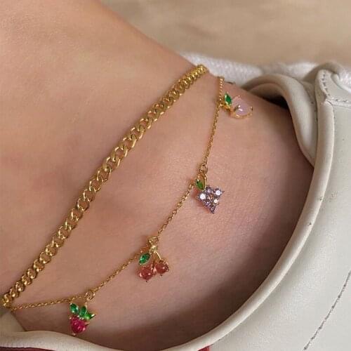 2 Pcs/Set Fashion Women Anklets Set Colorful Crystal Apple Cherry Peach Grape Pendant Gold Fruit Anklet Summer Simple Jewelry