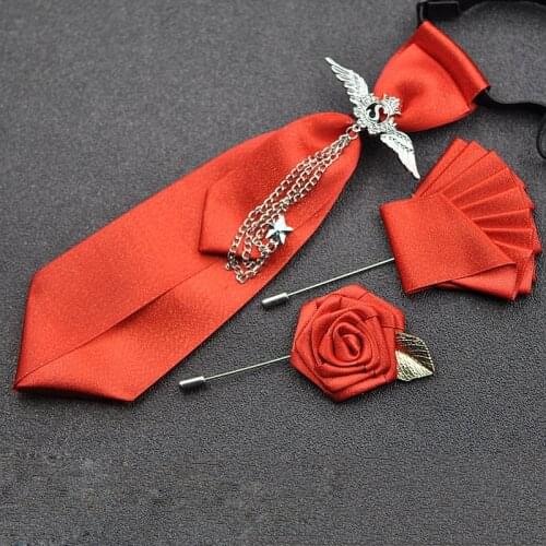 Korean Version of British Bow Tie Mens Womens Wedding Groomsmen Casual Long Tie Handmade Bowtie Brooches Pocket Towel Set