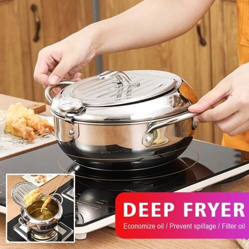 Stainless Steel Nonstick 20/24CM Japanese Thermometer And A Lid Deep Frying Pot Tempura Fryer Pan Cookware Kitchen Utensils