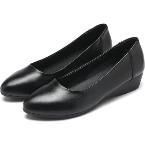 New leather single shoe cowhide womens head leather low heel slope Heel Black work shoes pointed soft sole shoebb